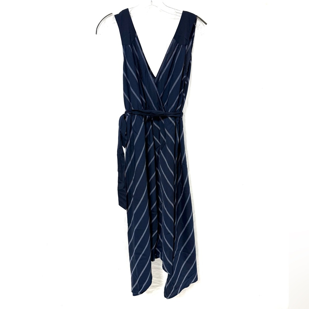 Motherhood Maternity Sleeveless Dress Navy Blue Striped V-Neck Tie Waist Size XL